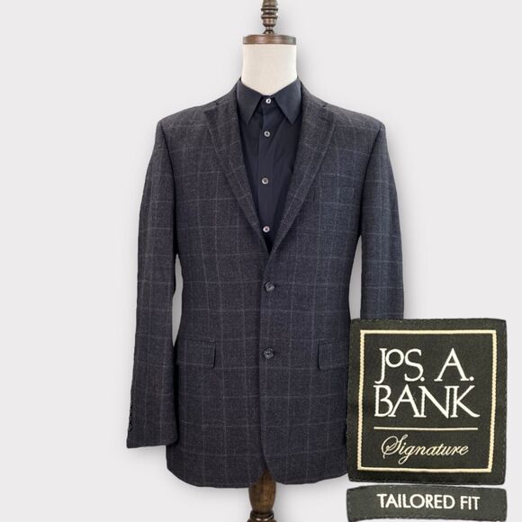 Jos A Bank Blazer Mens 40L Silk Wool Tailored Fit Charcoal Windowpane Check - Picture 1 of 13